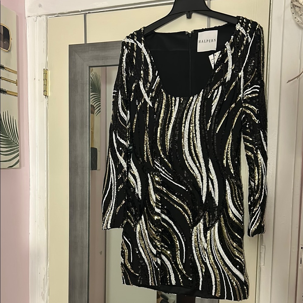 Halpern Black and Gold Sequin Dress